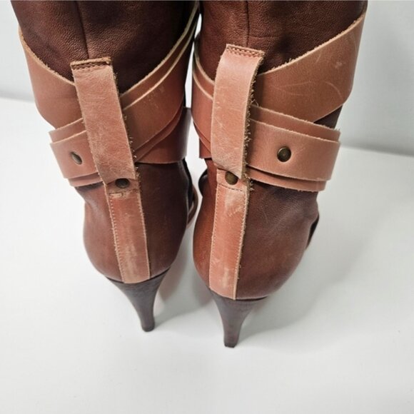 CHLOE Brown Leather Knee High Tall Boots Sz 9 / 40 EUR Wrap Around Straps Y2K - Picture 6 of 11